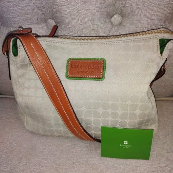 Like New Kate Spade Leather Trim Canvas Shoulder Bag in Cream/Green/Brown - Picture 2 of 11